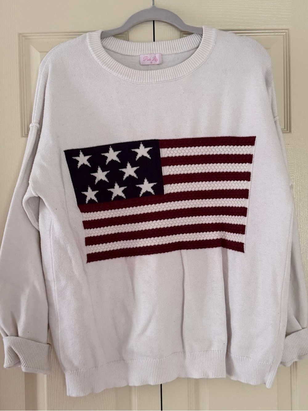 Pink Lily White Crewneck Sweater with Navy and Burgundy Flag